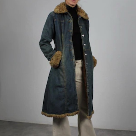 Kensie Jackets & Blazers - Kensie Penny Lane Denim Maxi Coat with Faux Fur Trim